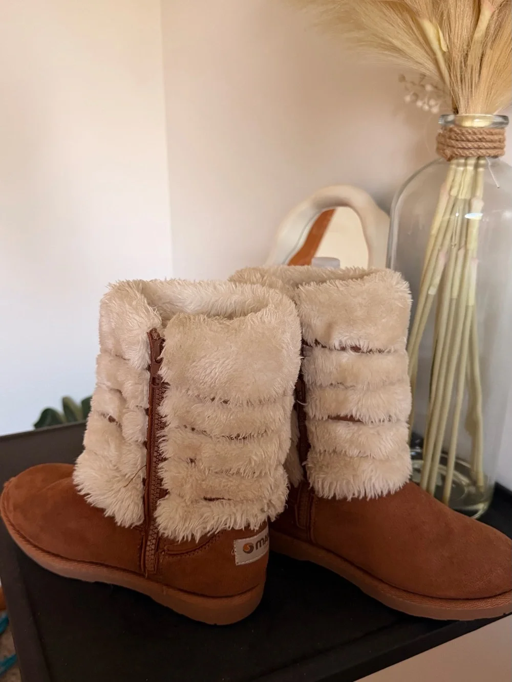 Kids Plush Winter Boots with Pom-Pom Tie - Cream & Brown